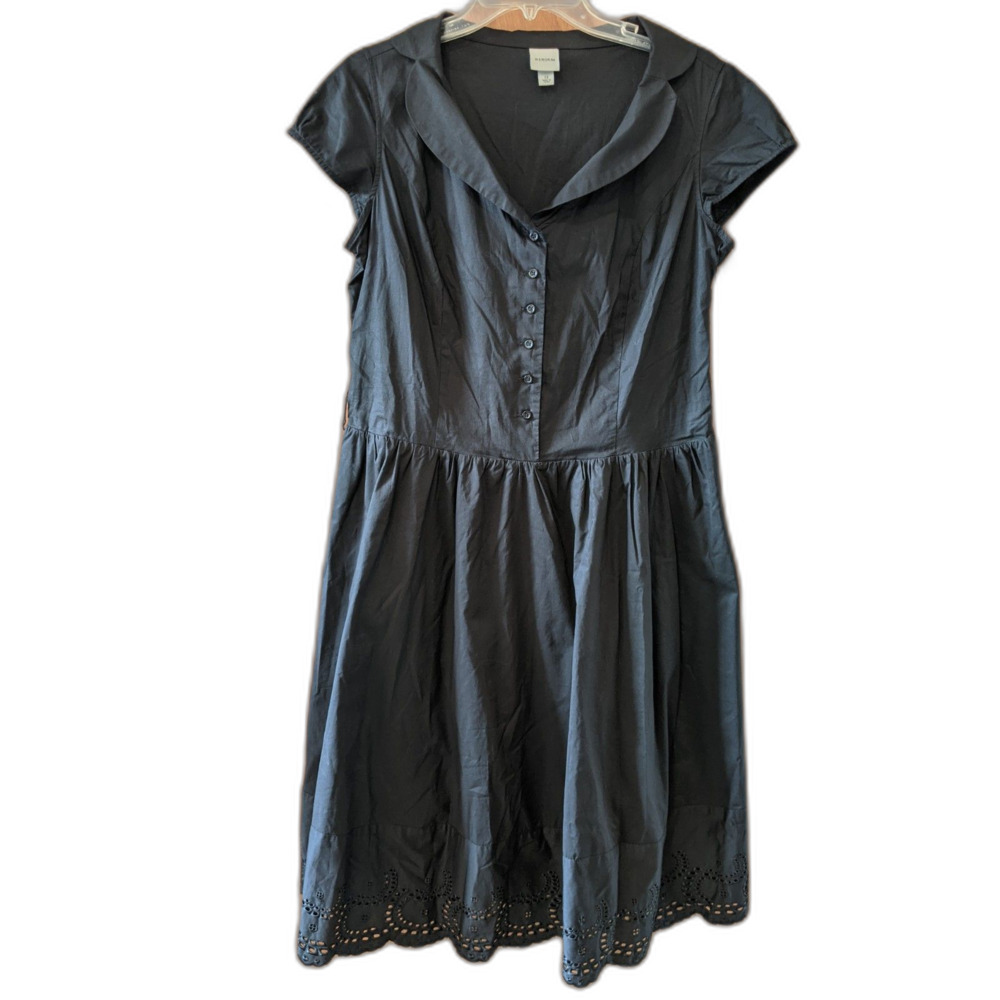 Black Dress Eyelet Hem Round Collar Button Front Whimsigoth Cottagecore Sz 12